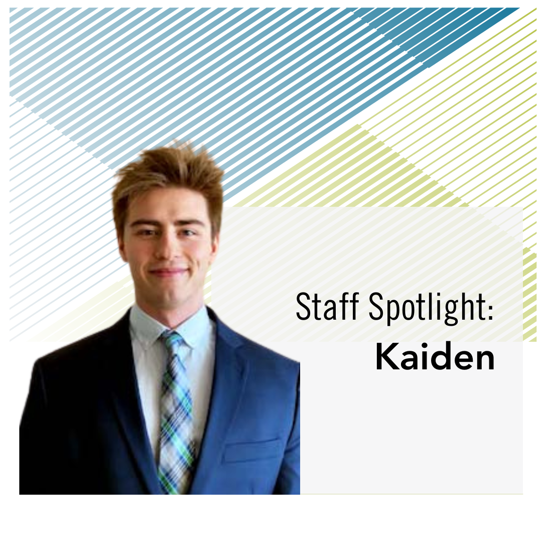 img des: A head and sholders photo of Kaiden against a blue and green background. img text: Staff Spotlight: Kaiden