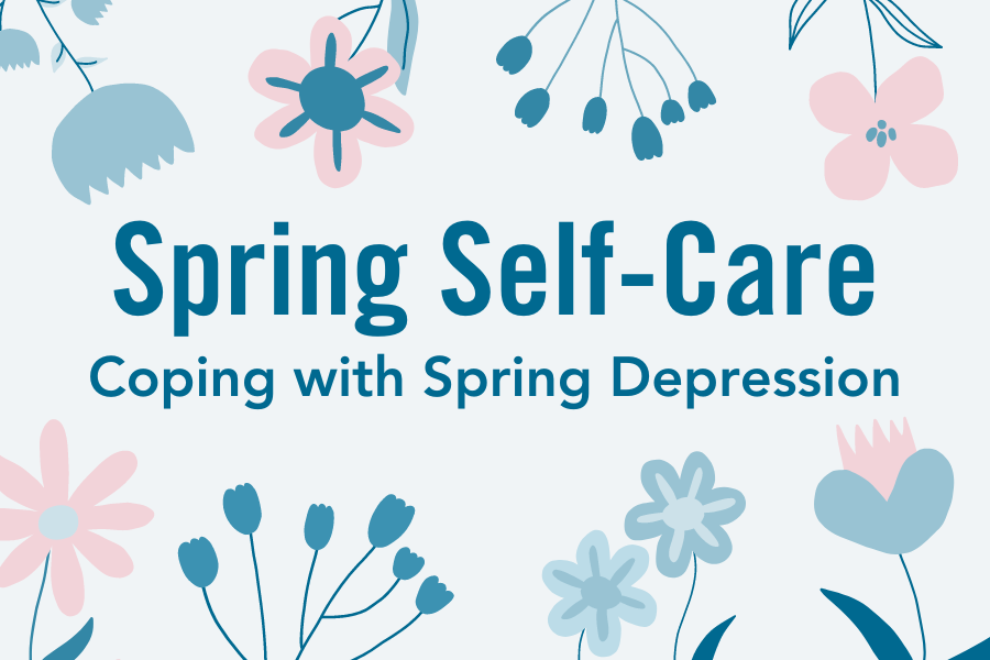 img text: Spring Self-Care - Coping with spring depression img des: blue and pink flowers border the blue text